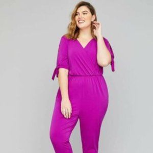 PlusSize Fuchsia Slashed Sleeve Faux Wrap Jumpsuit